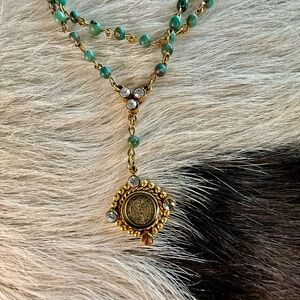 Virgins Saints & Angels Gold and Green Beaded Necklace